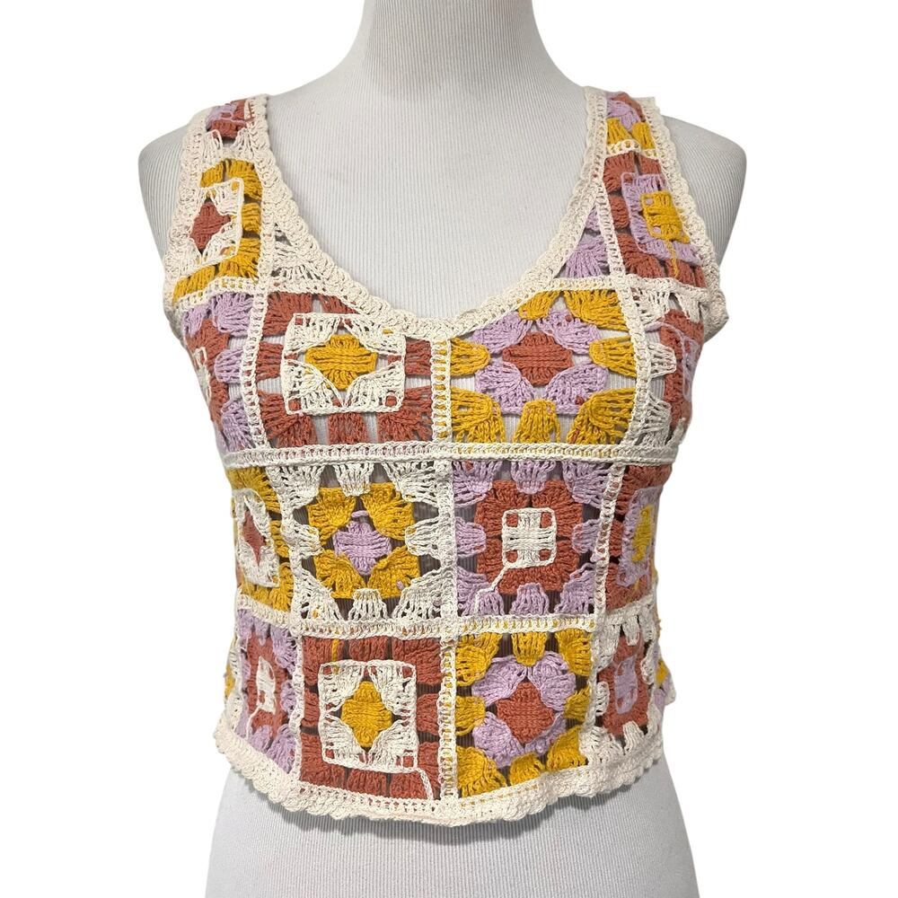 Coldwater Creek 100% Linen Top Open Weave Sweater Crochet Lace Short Sleeve Sz M - Picture 2 of 12